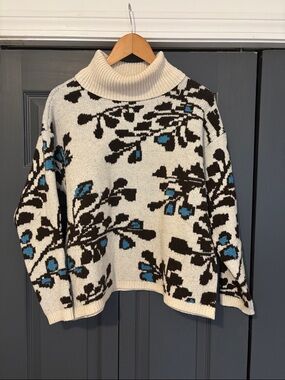 St. John's Bay Cream Turtleneck Sweater with Dark Brown & Blue Floral Motif